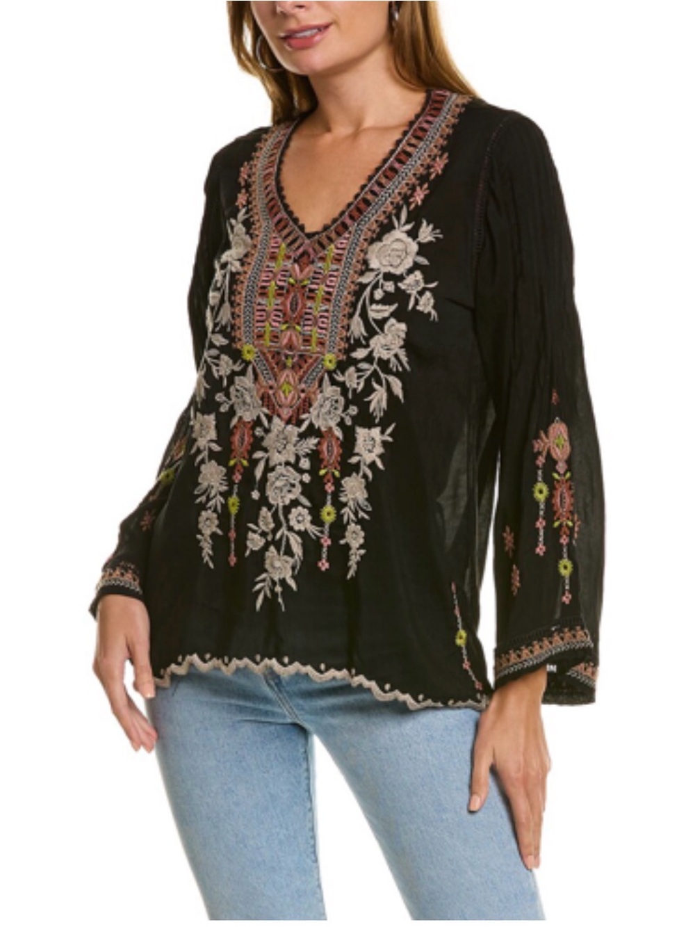 NWT Johnny Was Liyna Black Embroidered V-Neck Tunic Blouse